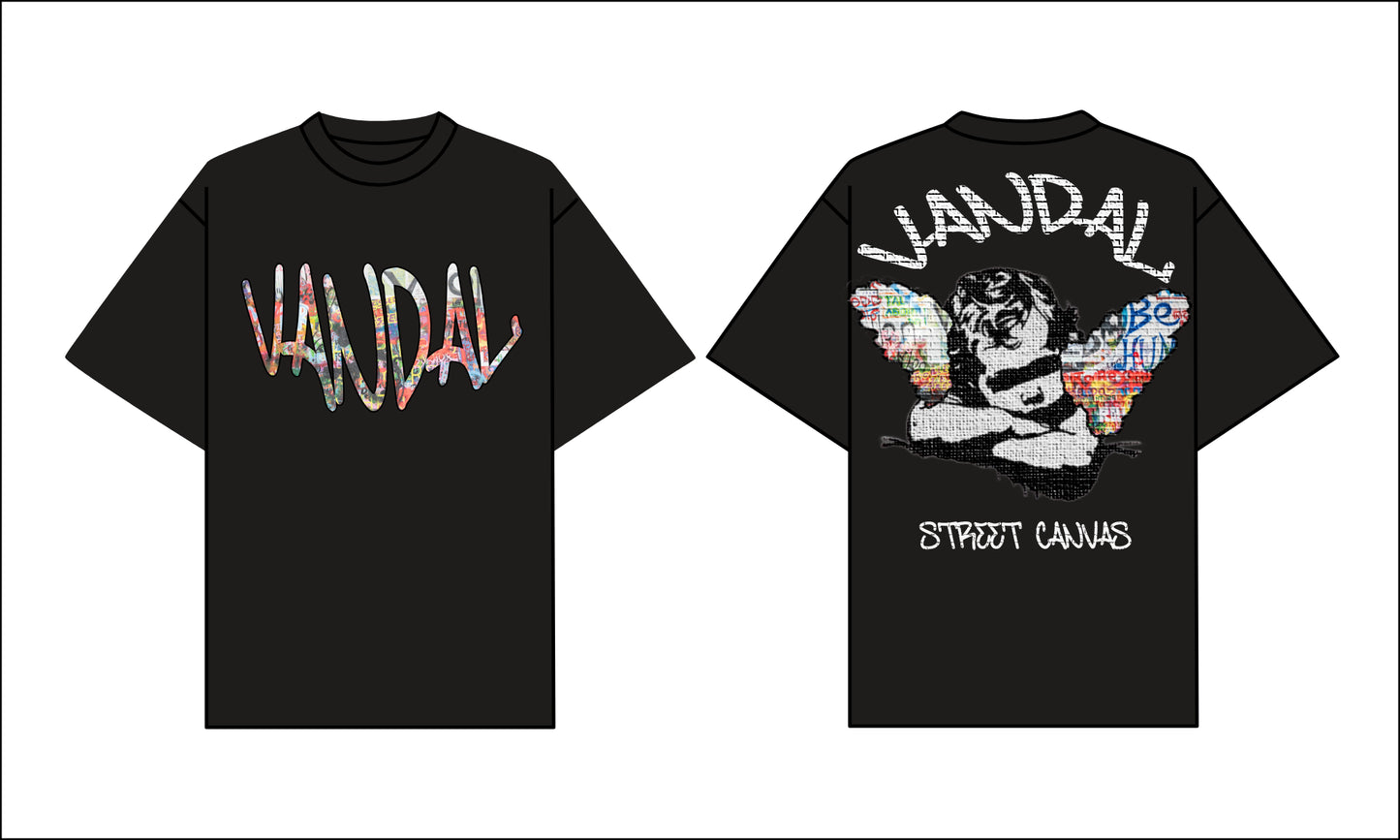 VANDAL 'STREETWEAR ANGEL' tee in black, relaxed fit with graffiti design, O-neck style, premium quality cotton.