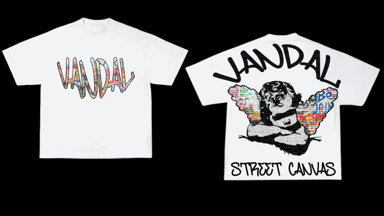 VANDAL streetwear t-shirt with graffiti design, featuring oversized fit and O-neck style, perfect for casual looks.